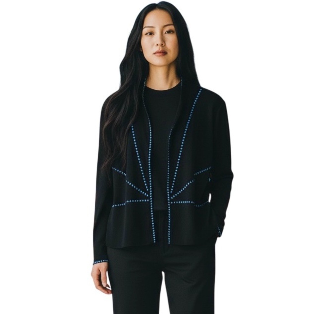 Ming Wang Black Blue Geometric‎ Knit Jacket L